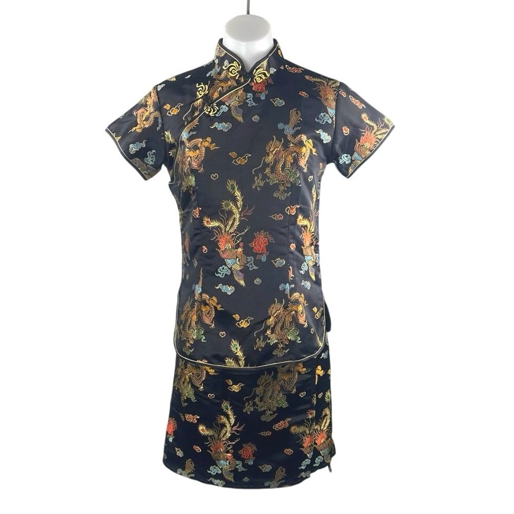 Laogudai Black Cheongsam Qipao Chinese Short Sleeve 2-Piece Skirt Set Size S